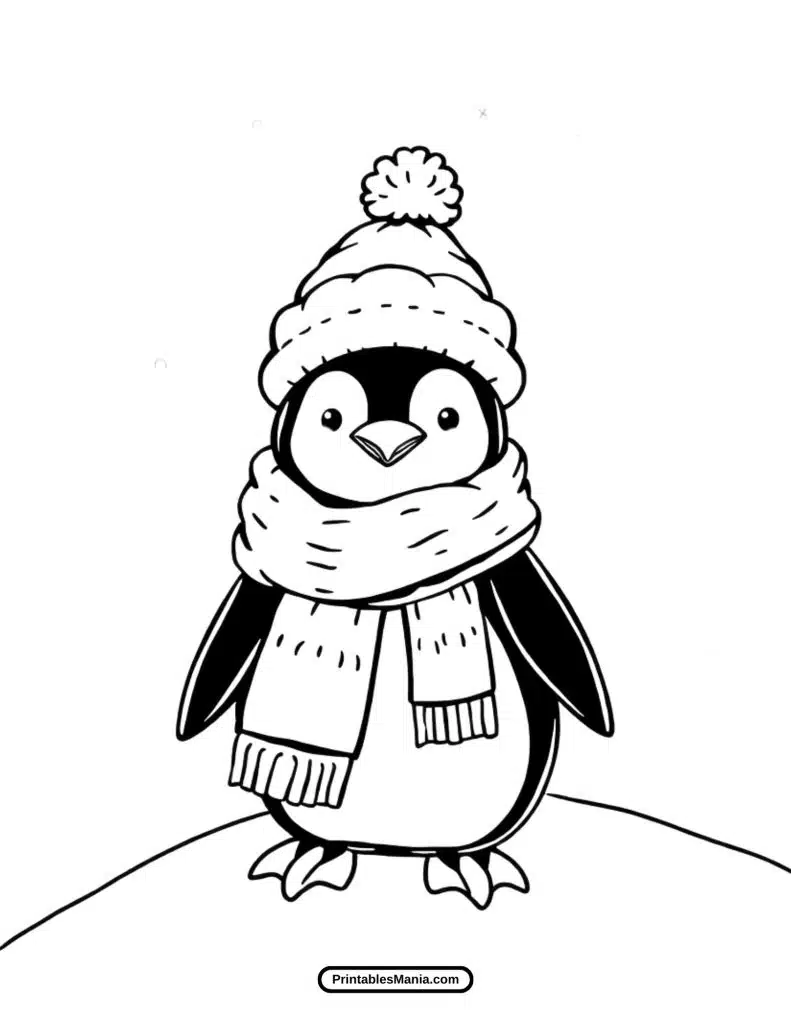 cartoon penguin with scarf and hat coloring sheet