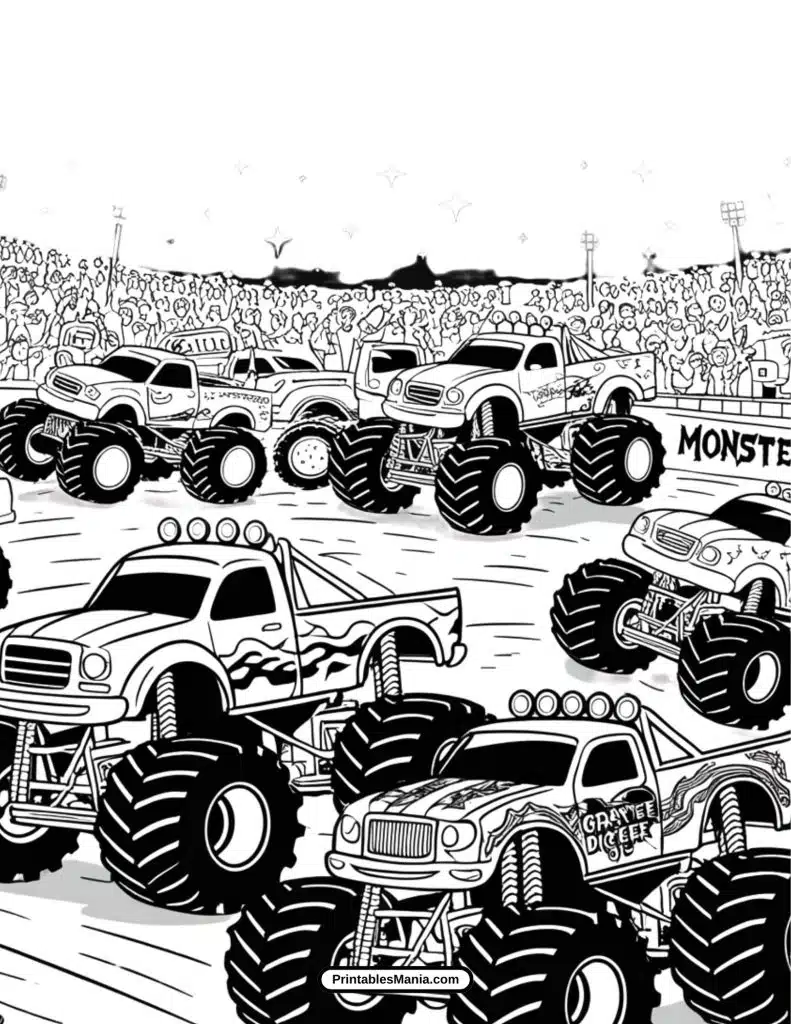 monster truck show with fans cheering