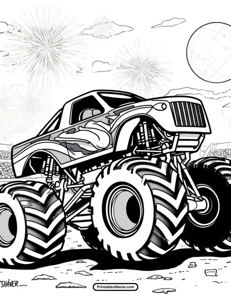 cartoon-style monster truck for kids to color