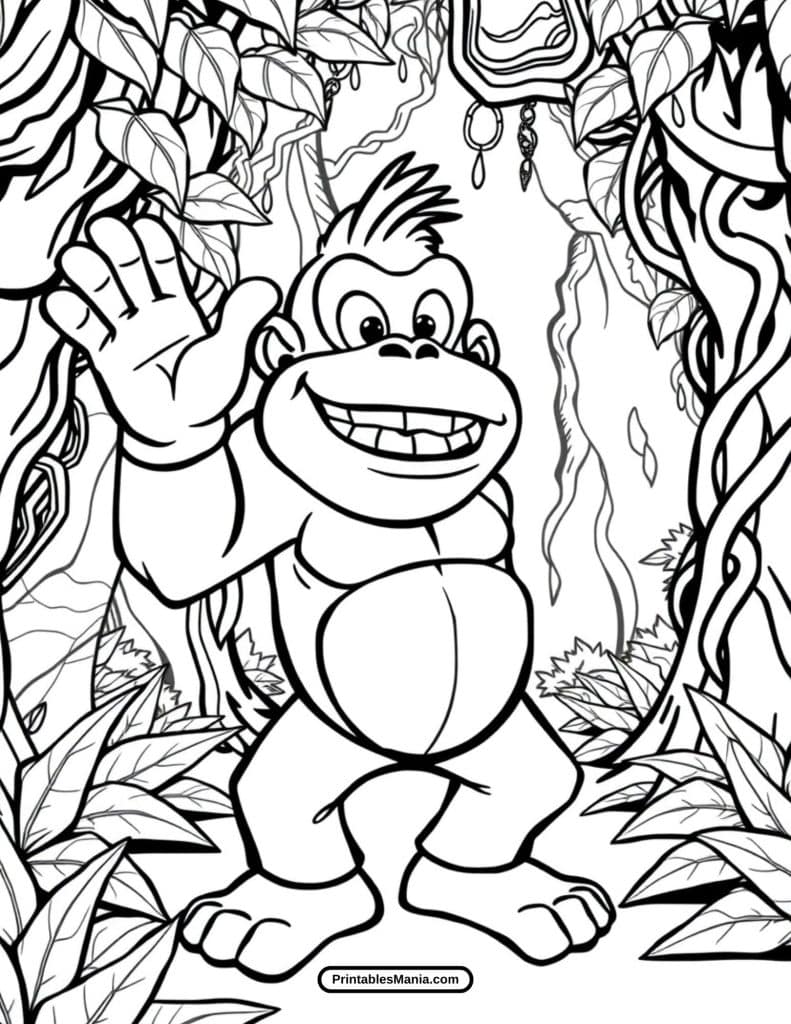 donkey kong swinging on a vine coloring sheet