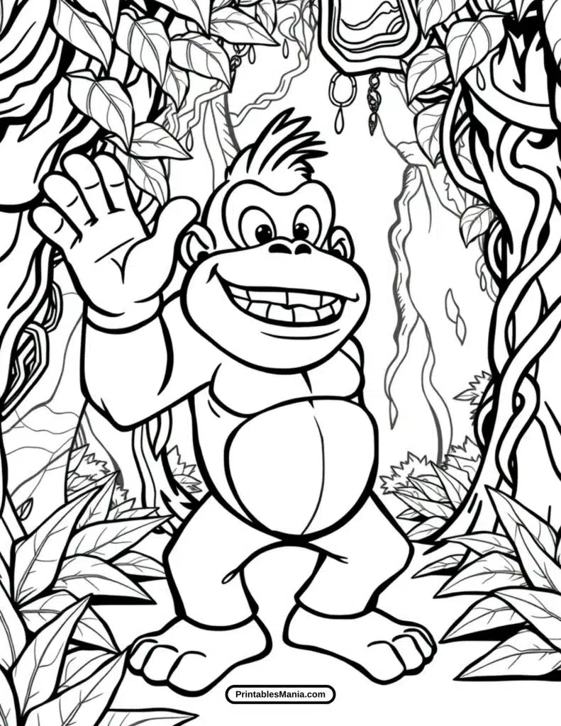 donkey kong swinging on a vine coloring sheet